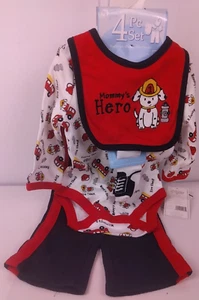 Baby Gear Infant Boys Mommy's Hero Fire Themed 4 Piece Set Size 6-9 M - New (B1) - Picture 1 of 16