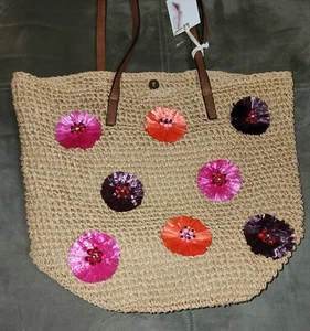 Jessica Simpson St. Pete Straw Tote Floral Pink Beach - Picture 1 of 6