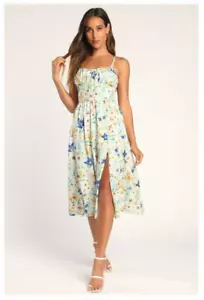 Abito midi Lulus Happy Summer bianco stampa floreale doppia cravatta posteriore NUOVO taglia large - Foto 1 di 5
