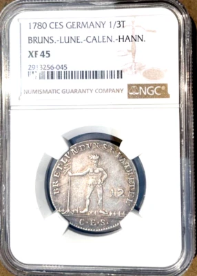 1780 CES German States Brunswick Luneburg Wildman 1/3 Taler NGC XF 45 Germany - Image 1 of 2