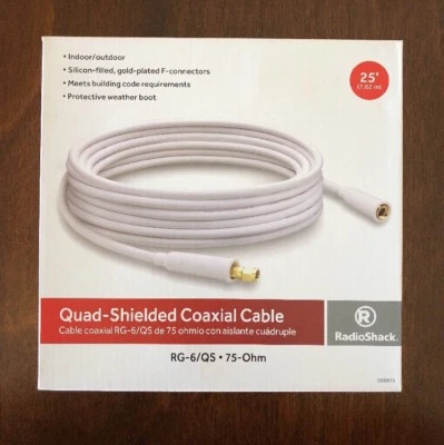 RadioShack 25 Foot Quad-Shielded Coax Cable. RG-6/QS, 75 Ohm, Gold F connector. - Image 1 of 4