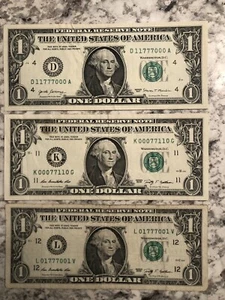 Set Of 3 $1 (One Dollar) Bills Trinary Lucky 7’s Paper Currency 2009 2017 - Picture 1 of 2