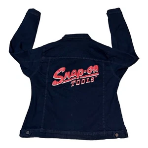 Rare SNAP ON TOOLS Jean Jacket Women XXL Blue Stretch Spell Out Button Trucker - Picture 1 of 7