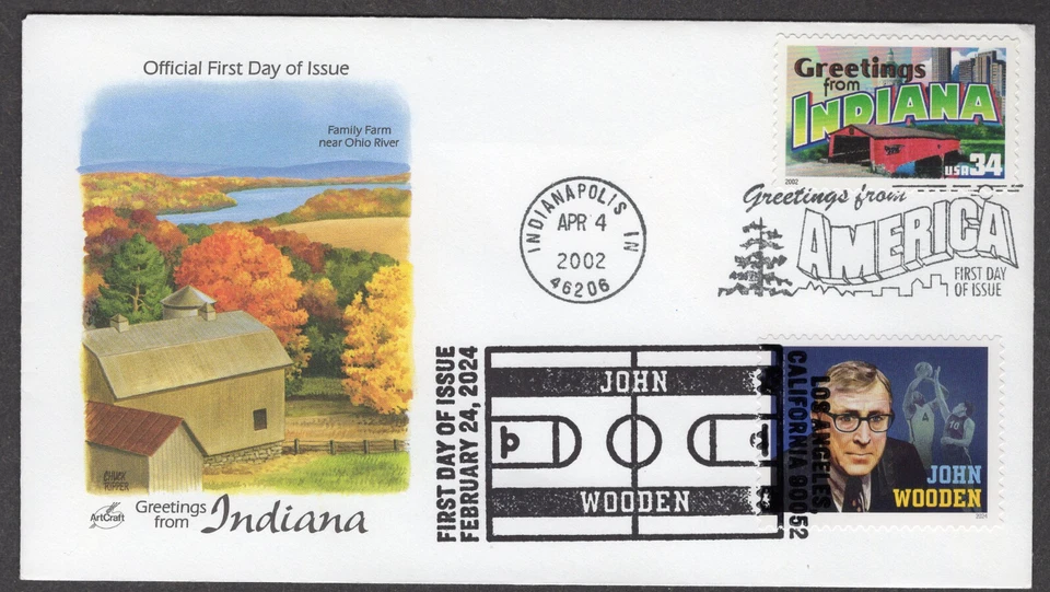 2024/2002 JOHN WOODEN (5833) Indiana Basketball - Artcraft DUAL FDC NT132 - Image 1 of 1