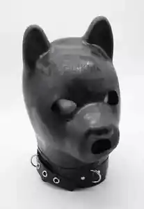 BLACK LATEX PUPPY HOOD RUBBER DOG - EXTRA THICK 2MM WITH LATEX COLLAR PADLOCK - Picture 1 of 10