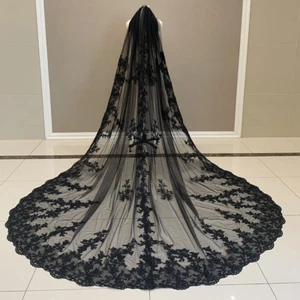 Black Gothic Wedding Veil 3 M Long 1 Layer Lace Cathedral Length Veil With Comb - Picture 1 of 9