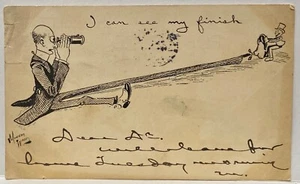 Artist Signed Murray Wade Comic Postcard Man w Elongated Leg Holds Binoculars - Picture 1 of 4