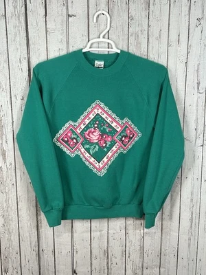Vintage Gopher Sport Sweatshirt Womens Fits S Teal Flower Rose Granny Raglan 80s - Image 1 of 4