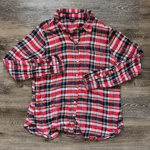 Lucky Brand Red Plaid Flannel Shirt Women's L Slit In Back Classic Fit - Picture 1 of 7