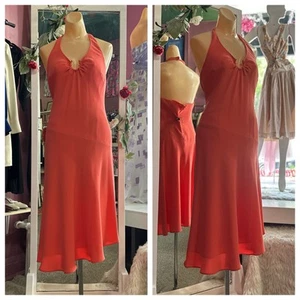 Vintage 90s Y2K Asymmetrical Halter Fairy Mini Dress Orange Evan Picone S/M - Picture 1 of 7