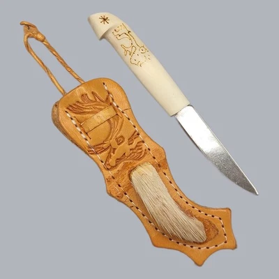 Vintage 1990s Finnish Miniature Puukko Knife Reindeer Horn Masur Birch #8517 - Bild 1 von 4