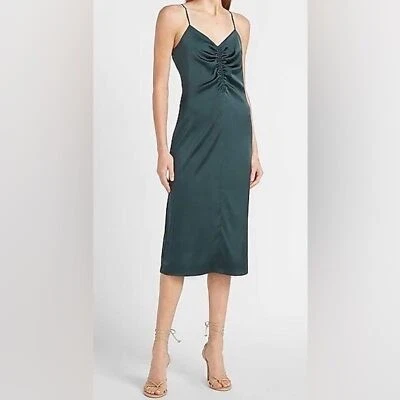 Vestido midi sin cordones de satén EXPRESS XS acanalado verde esmeralda invitada de boda años 90 Foto 1 de 4