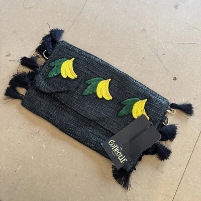 BNWT Collectif Clutch Bag With Zip Black Woven Banana Embroidery Tassels - Image 1 of 4