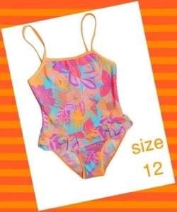 NWT GIRLS  size 12  NEON ORANGE & BLUE TROPICAL SKIRTED ONE PIECE SWIMSUIT - Picture 1 of 4