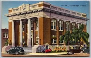 Clearwater Florida 1940s Postcard City Hall Building Cars - Picture 1 of 2
