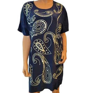 Trina Turk Silk Dress Womens Small Navy Blue Tunic Paisley Sequined Bling - Picture 1 of 11