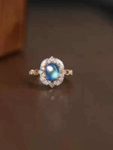 18k Gold Plated 925 Silver Natural Moonstone Oval Engagement Ring Set for Her - Picture 1 of 9
