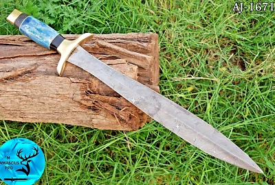 CUSTOM MADE HAND FORGED DAMASCUS STEEL DOUBLE EDGE BLADE VIKING SWORD 1671 - Image 1 of 4