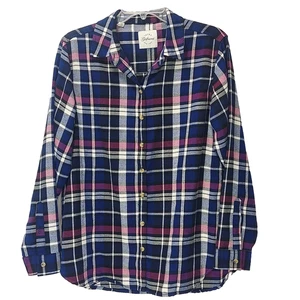 Jachs Girlfriend Flannel Shirt Medium Blue Pink Purple White Plaid Long Sleeve - Picture 1 of 13