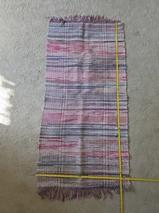 Vtg Red Blue Handmade Cotton Rag Rug 52" x 26" Farmhouse Country Primitive - Picture 1 of 5