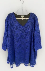 Catherines Gr. 3X royalblau Spitze über schwarz Tank Schlitz 3/4 Ärmel V-Ausschnitt Tunika Top - Bild 1 von 7