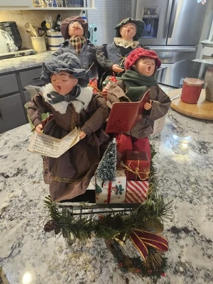 Christmas Carolers Family In Metal Carriage Fabric Mache Clothing 15 In Long - Image 1 of 4