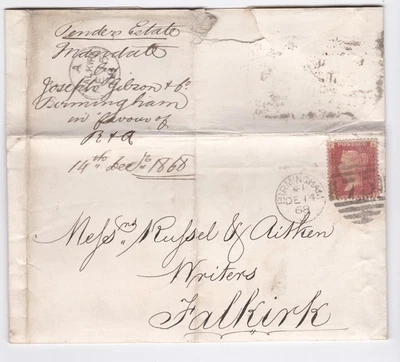 1868 QV 1d PENNY RED STAMP (FAULTS) ON BIRMINGHAM LETTER TO FALKIRK - Image 1 of 3