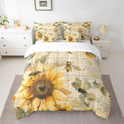 Full Size 7 Piece Comforter Set Sunflower Honeybee Bed Sheet Wooden Stripes B... - Image 1 of 4
