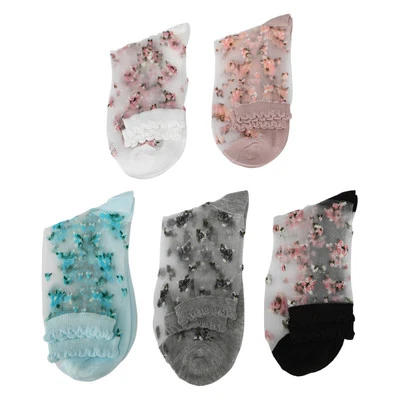 5pcs Women Elastic Lace Sheer Socks Embroidered Crystal Silk Vintage Lace Socks - Image 1 of 4