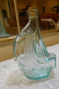 Vintage Italian  Empoli Art Glass Light Teal Blue Santa Maria Ship Glass Bottle - Picture 1 of 5