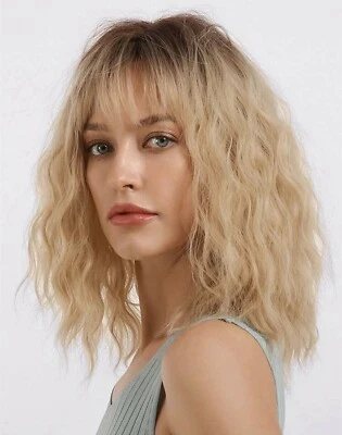 Perruque Synthétique Blond Doré À Frange Cheveux Court Bouclé Ondulé Neuf Mode - Photo 1/4