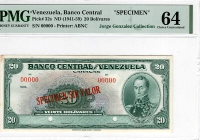 Venezuela 20 Bolivares Specimen ND (1941-59) P#32s PMG Choice Uncirculated 64 - Image 1 of 4