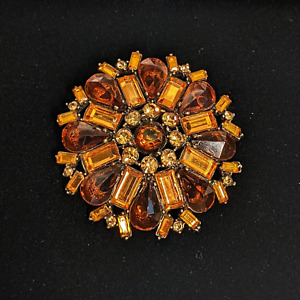 Mocha Brown and Amber Color Vintage Rhinestone Brooch 2" Floral Motif Open Back