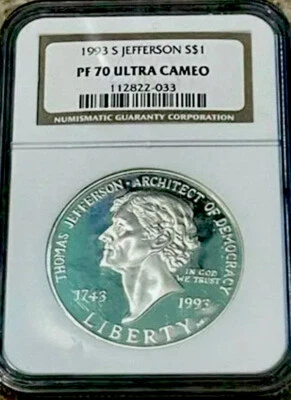 1993 THOMAS JEFFERSON Silver Dollar NGC PR70💥FLAWLESS QUALITY💥 - Image 1 of 4