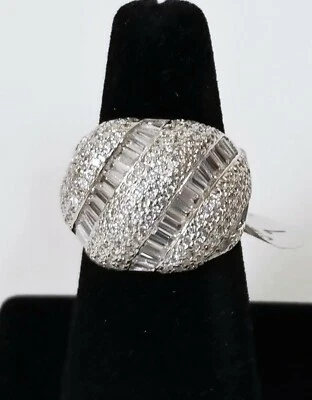 Originale Argento Sterling 925 a Pavé Cristalli + Baguette Cupola Forma Anello - Immagine 1 di 4