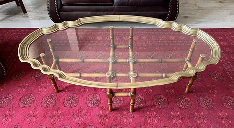 BAKER Glass & Brass Scalloped Edge Regency Style Coffee Table w/Faux Bamboo Base Cover