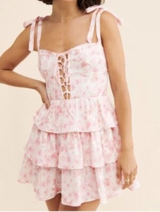 BARDOT Laurie Linen Mini Dress Corset Floral Pink White Ruffle Size 6 - Picture 1 of 6