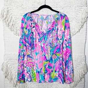 LILLY PULITZER pink multi Gumbo Limbo long sleeve Willa tunic top XS RARE - Picture 1 of 11