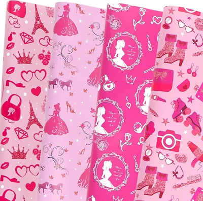 8 Sheets Girl Princess Wrapping Paper 50x70cm Hot Pink Girl Party Gift Wrap - Image 1 of 4