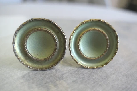Pair Vtg Ajax Brass & Green Enamel Cabinet Dresser Sideboard Drawer Knobs 1.5" Cover