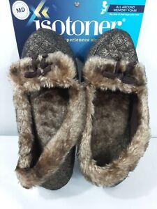 Isotoner Slippers Gold MD 360 Surround Comfort Women M 6.5-7.5 Faux Fur Trim NWT