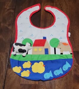 Lillian Vernon Farm Baby Bib w/ food catcher pocket & removable squeaky cow