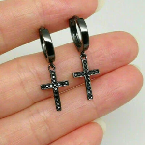 1.00 Ct Round Cut Simulated Diamond Cross Drop/Dangle Earrings Black Gold Plated - Picture 1 of 2