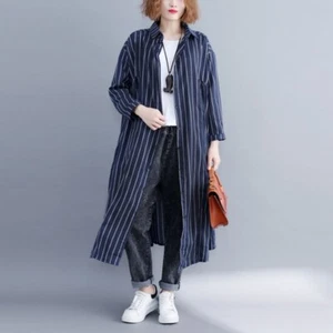 Camisa de mujer manga larga imitación algodón lino estampado a rayas solapa cuello ropa exterior - Imagen 1 de 23