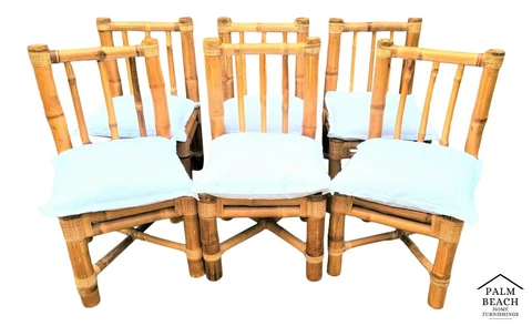 (6) Vintage Elephant Bamboo Rattan Wicker Dining Chairs with Cushions by HEINSA Cover