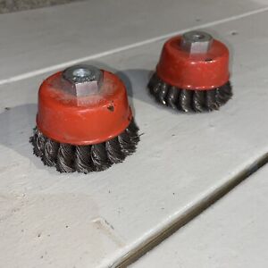 Pair of cup brushes, drill, angle grinder