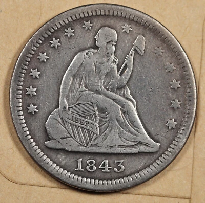 Cuarto libertad sentada 1843-o.   Error.  Sin plumas de cola.  VF.  197856 Foto 1 de 2