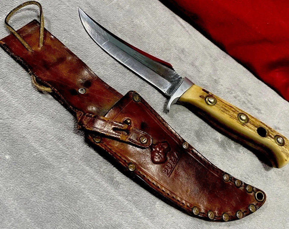 🔥 1967 PUMA  6393 SKINNER KNIFE LEATHER SHEATH W/ EXTRA FAT STAG HANDLE 🔥 - Image 1 of 4