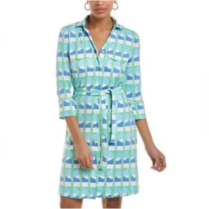 Abito Medium J Mclaughlin tubino geometrico Brynn bottoni davanti blu verde - Foto 1 di 5