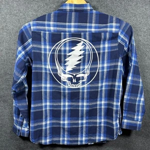 Grateful Dead Flannel Shirt Mens L Blue Plaid Long Sleeve Burnside - Picture 1 of 14